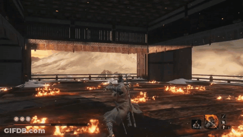 A Video Game Is Being Played In A Room Filled With Flames GIF