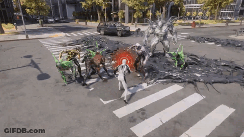 A Video Game Is Being Played On A City Street With A Spider-Man Surrounded By Monsters GIF
