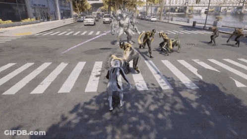 A Video Game Is Being Played On A Crosswalk With A Building That Says The City Bank In The Background GIF