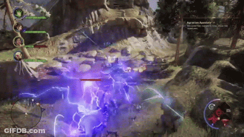 A Video Game Is Being Played With A Purple Lightning Bolt Coming Out Of The Ground GIF