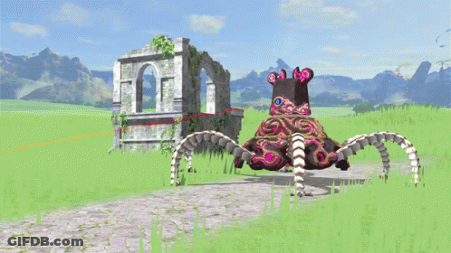 A Video Game Monster Is Standing In A Grassy Field In Front Of A Stone Archway GIF