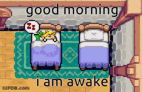 A Video Game Says Good Morning I Am Awake With Two Beds GIF