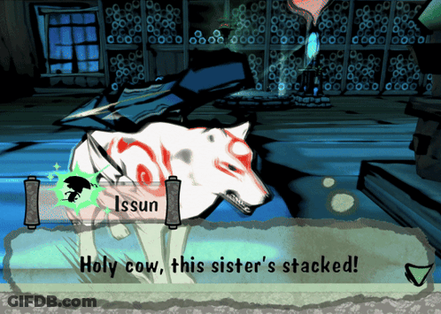 A Video Game Says Holy Cow This Sister 'S Stacked In Front Of A Wolf GIF