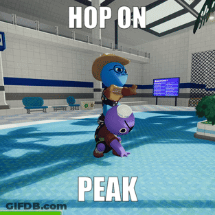 A Video Game Says Hop On Peak And Has A Turtle On Top Of A Purple Stuffed Animal GIF