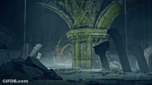 A Video Game Scene Of A Ruined Building With A Pillar Covered In Moss GIF