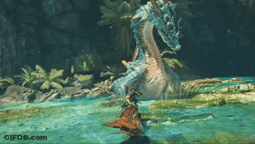 A Video Game Scene With A Blue Dragon And A Person On A Boat GIF