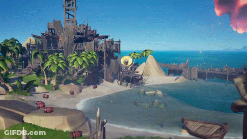 A Video Game Scene With A Boat In The Water And Barrels On The Ground GIF