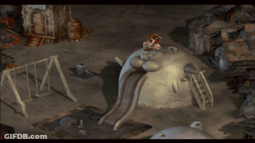 A Video Game Scene With A Boy Standing On A Slide GIF