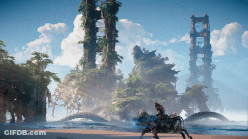 A Video Game Scene With A Bridge In The Distance GIF