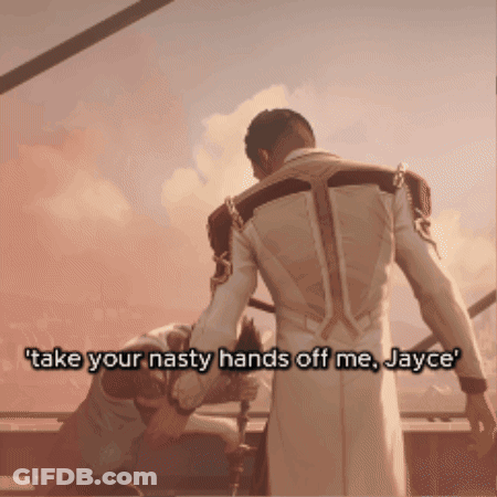 A Video Game Scene With A Caption That Says Take Your Nasty Hands Off Me Jayce GIF