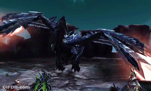 A Video Game Scene With A Dragon Flying Over A Group Of Monsters GIF