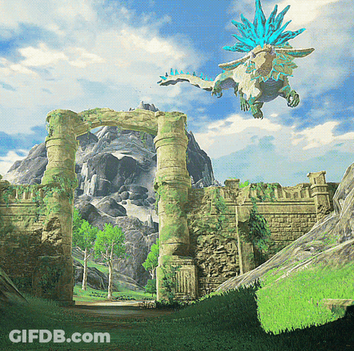 A Video Game Scene With A Dragon Flying Over A Stone Archway GIF