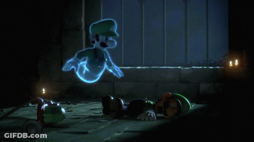 A Video Game Scene With A Ghost Of Luigi And Mario Laying On The Ground GIF