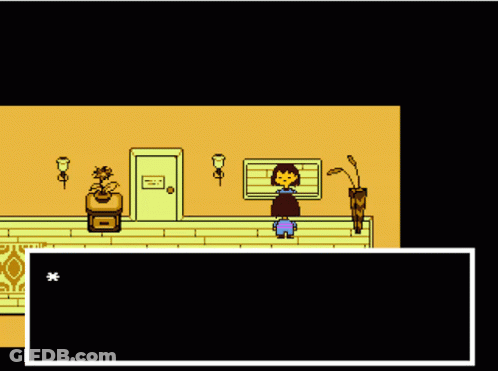 A Video Game Scene With A Girl Standing In Front Of A Door And A Box That Says It 'S You GIF