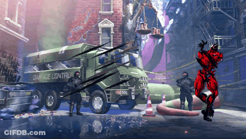 A Video Game Scene With A Green Truck That Says Damage Control On It GIF