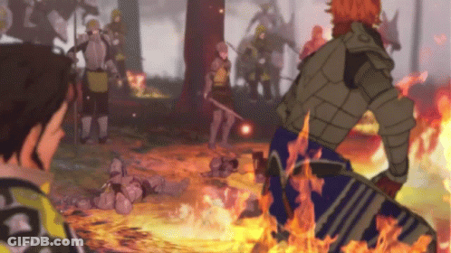 A Video Game Scene With A Group Of Soldiers In Armor Fighting A Fire GIF