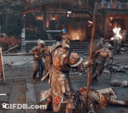 A Video Game Scene With A Knight Holding A Pole And A Cross On His Chest . GIF