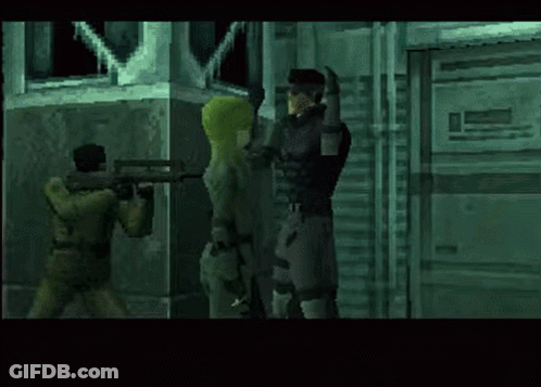 A Video Game Scene With A Man Holding A Gun And A Woman Standing Next To Him GIF
