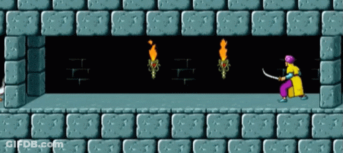 A Video Game Scene With A Man Holding A Sword And A Torch GIF