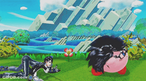 A Video Game Scene With A Man Kneeling Next To A Flower And Kirby GIF