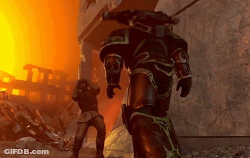 A Video Game Scene With A Man Standing In Front Of A Giant Robot With The Letter B On It GIF