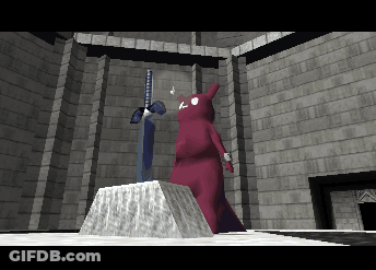 A Video Game Scene With A Monster And A Sword On Display GIF