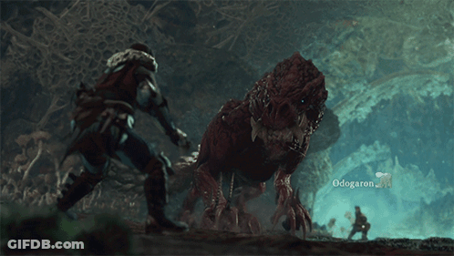 A Video Game Scene With A Monster Named Odogaron In The Background GIF