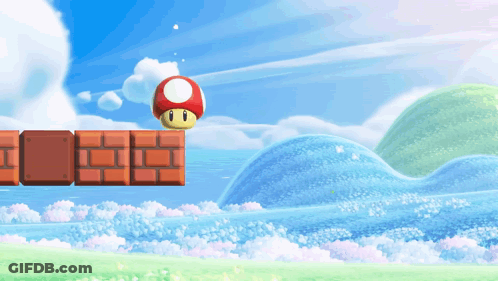 A Video Game Scene With A Mushroom On Top Of A Brick Block GIF