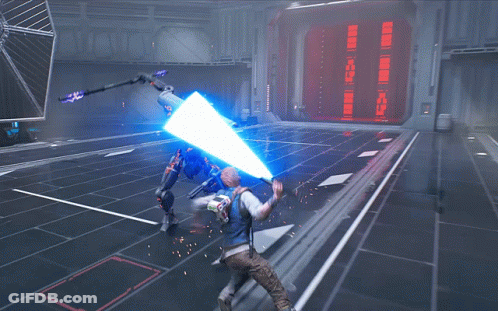 A Video Game Scene With A Purple Light Coming Out Of The Corner GIF