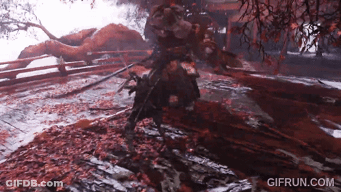 A Video Game Scene With A Samurai Fighting A Monster With A Sword GIF