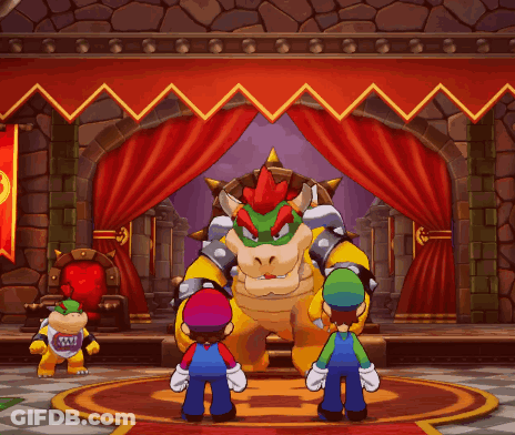 A Video Game Scene With A Speech Bubble That Says Bowser On It GIF
