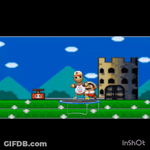 A Video Game Scene With A Trampoline And A Speech Bubble That Says Thank You GIF