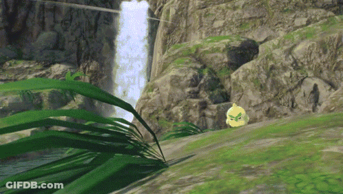 A Video Game Scene With A Waterfall In The Background And A Yellow Bird In The Foreground GIF