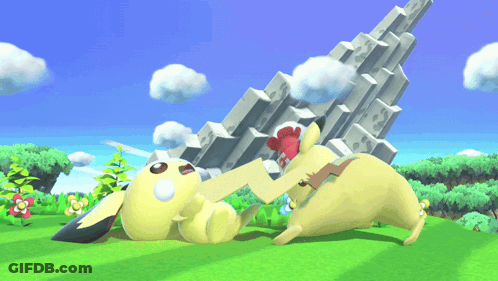 A Video Game Scene With A Yellow Pikachu Laying On The Ground GIF