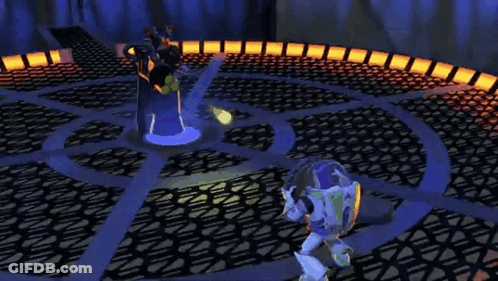A Video Game Scene With Buzz Lightyear Standing In Front Of A Robot GIF