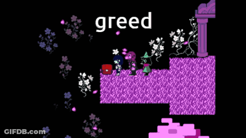 A Video Game Scene With Greed Written On The Bottom GIF