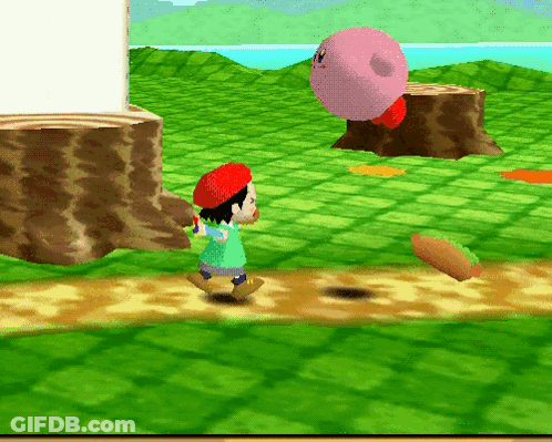 A Video Game Scene With Kirby And A Boy Walking On A Path GIF