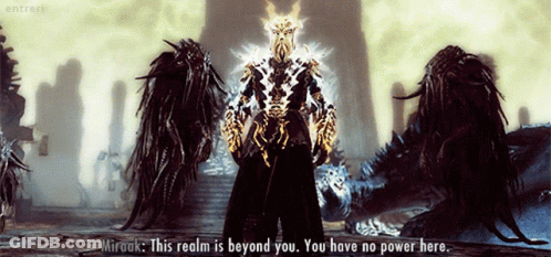 A Video Game Scene With Miraak Saying " This Realm Is Beyond You " GIF