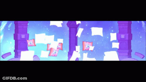 A Video Game Scene With Purple Pillars And Papers Falling GIF