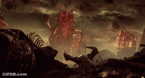 A Video Game Scene With Skeletons And A Giant Monster In The Background GIF