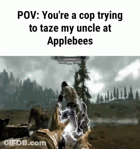 A Video Game Scene With The Caption " You 'Re A Cop Trying To Taze My Uncle At Applebee 'S " GIF