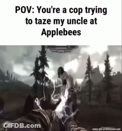 A Video Game Scene With The Caption " You 'Re A Cop Trying To Taze My Uncle At Applebee 'S " GIF