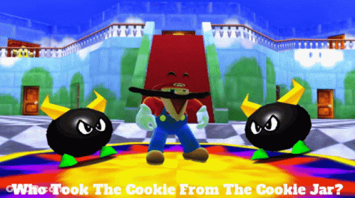 A Video Game Scene With The Question Who Took The Cookie From The Cookie Jar Written On The Bottom GIF