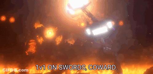 A Video Game Scene With The Words 1V1 On Swords Coward On The Bottom GIF