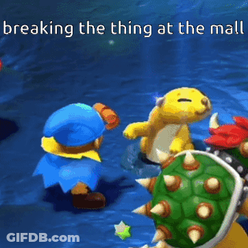 A Video Game Scene With The Words Breaking The Thing At The Mall Above It GIF