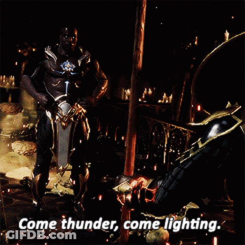 A Video Game Scene With The Words Come Thunder Come Lighting On The Bottom GIF
