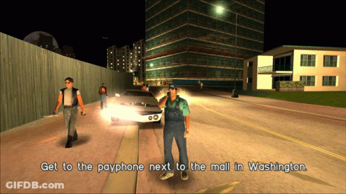 A Video Game Scene With The Words Get To The Payphone Next To The Mall In Washington On The Bottom GIF
