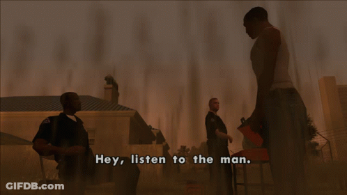 A Video Game Scene With The Words Hey Listen To The Man On The Bottom GIF