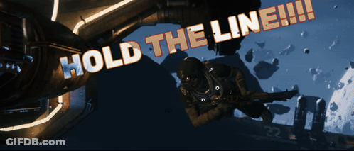 A Video Game Scene With The Words Hold The Line !!! GIF