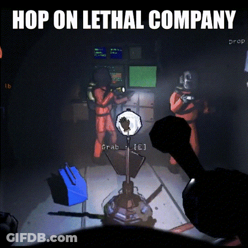 A Video Game Scene With The Words Hop On Lethal Company On The Bottom GIF